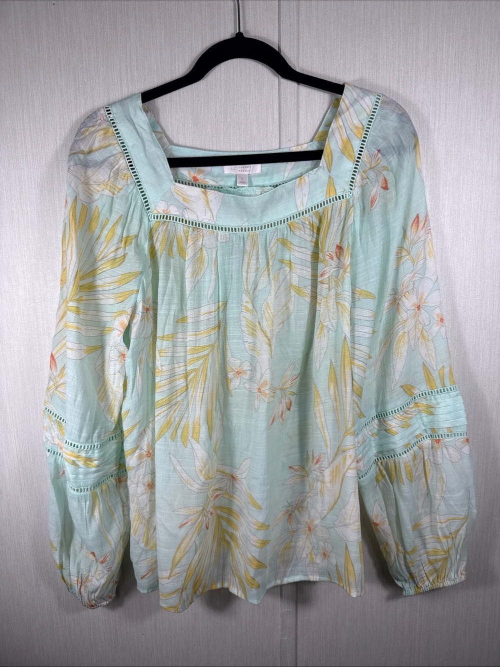 LC Lauren Conrad L Seafoam Floral Square Neck Boho Peasant Blouse